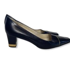 St. John Square Toe Navy Leather Pumps w/Gold Accents 7B Italy VTG